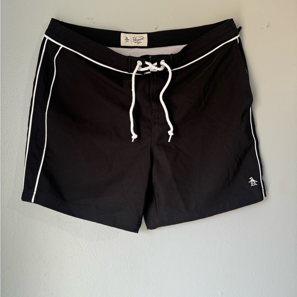 Original Penguin Men's Black Swim Trunks with White Trim